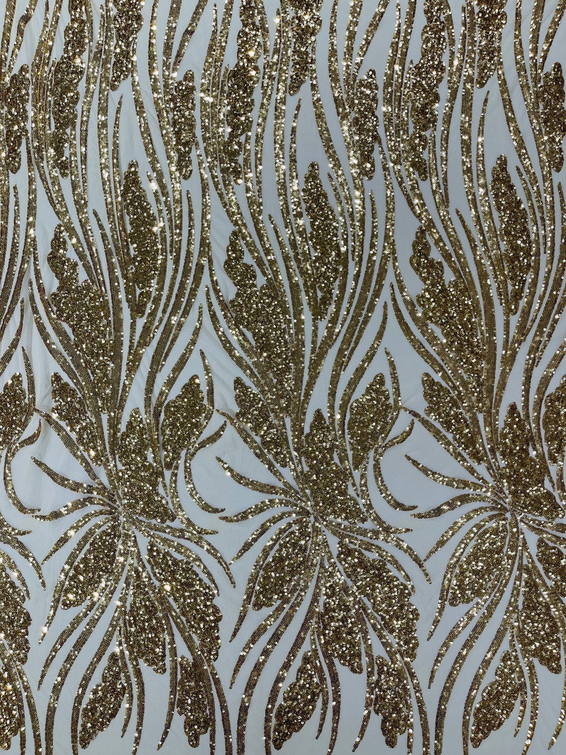 GOLD - Fashion Branch Design with Sequins Embroider on a 4 Way Stretch Mesh Fabric-Sold by The Yard.