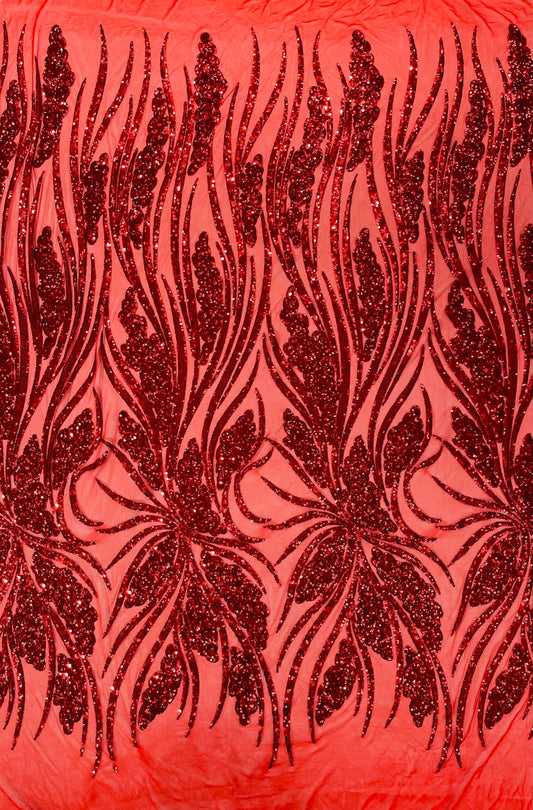 RED - Fashion Branch Design with Sequins Embroider on a 4 Way Stretch Mesh Fabric-Sold by The Yard.