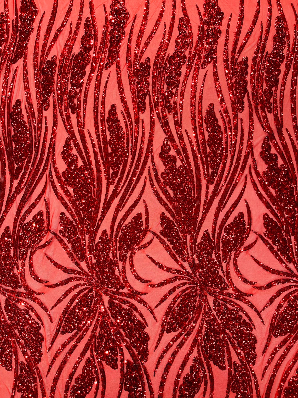 RED - Fashion Branch Design with Sequins Embroider on a 4 Way Stretch Mesh Fabric-Sold by The Yard.