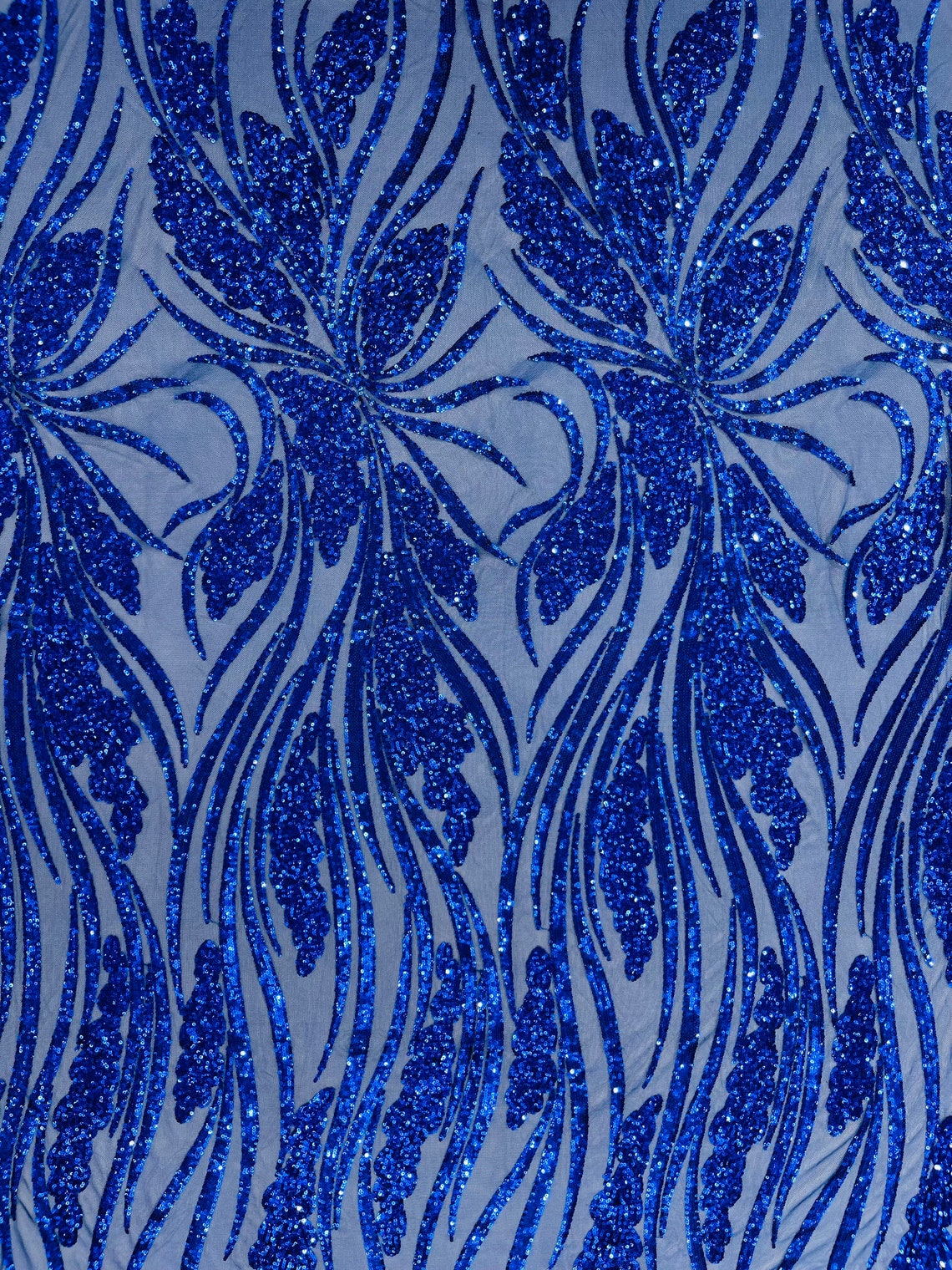 ROYAL BLUE - Fashion Branch Design with Sequins Embroider on a 4 Way Stretch Mesh Fabric-Sold by The Yard.