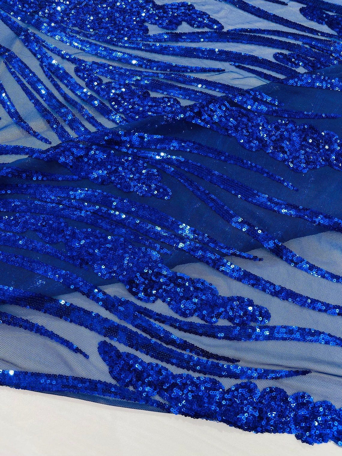 ROYAL BLUE - Fashion Branch Design with Sequins Embroider on a 4 Way Stretch Mesh Fabric-Sold by The Yard.