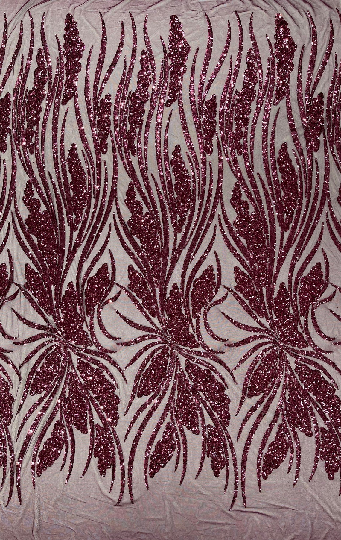 PLUM - Fashion Branch Design with Sequins Embroider on a 4 Way Stretch Mesh Fabric-Sold by The Yard.