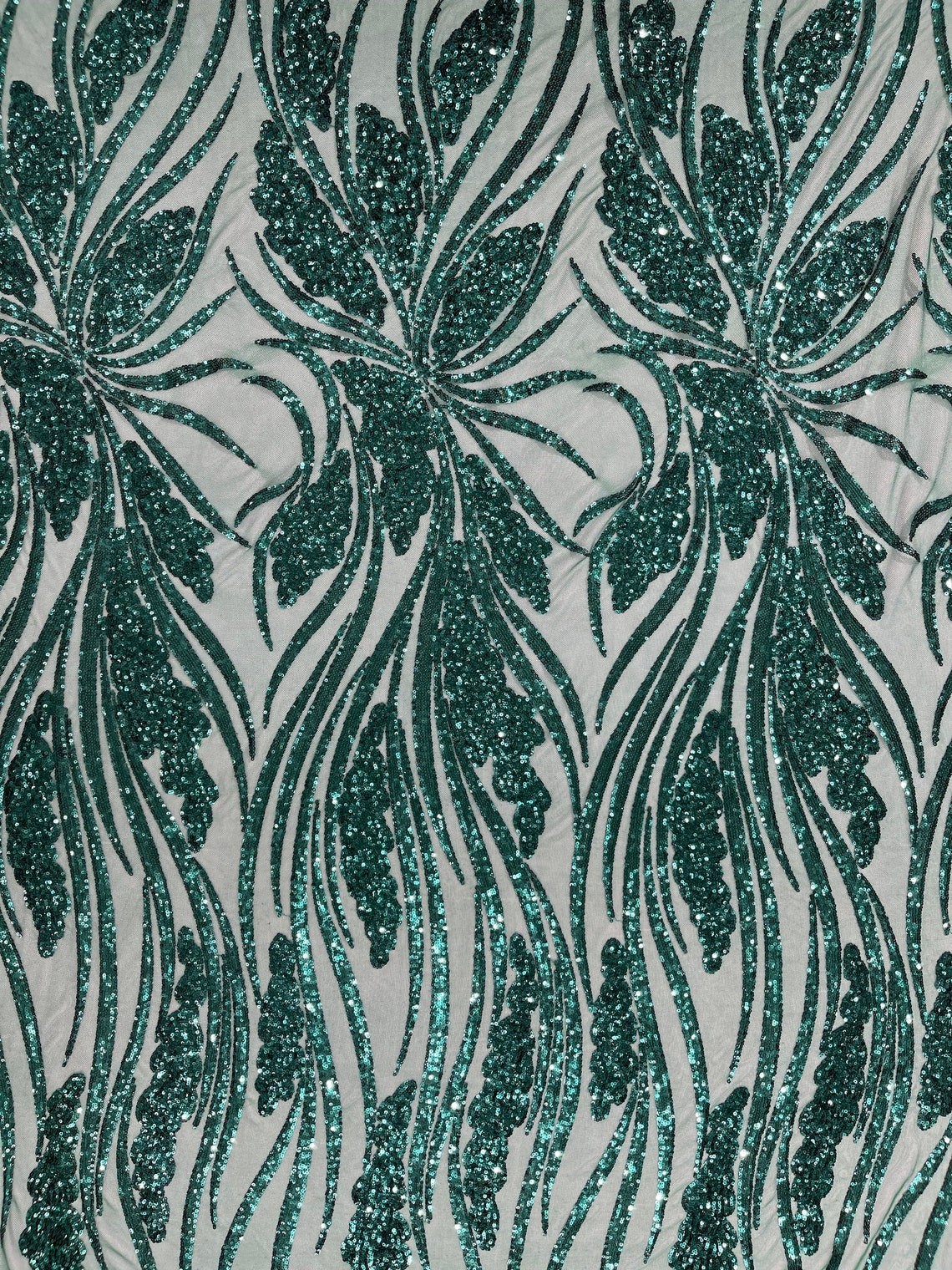 EMERALD GREEN - Fashion Branch Design with Sequins Embroider on a 4 Way Stretch Mesh Fabric-Sold by The Yard.