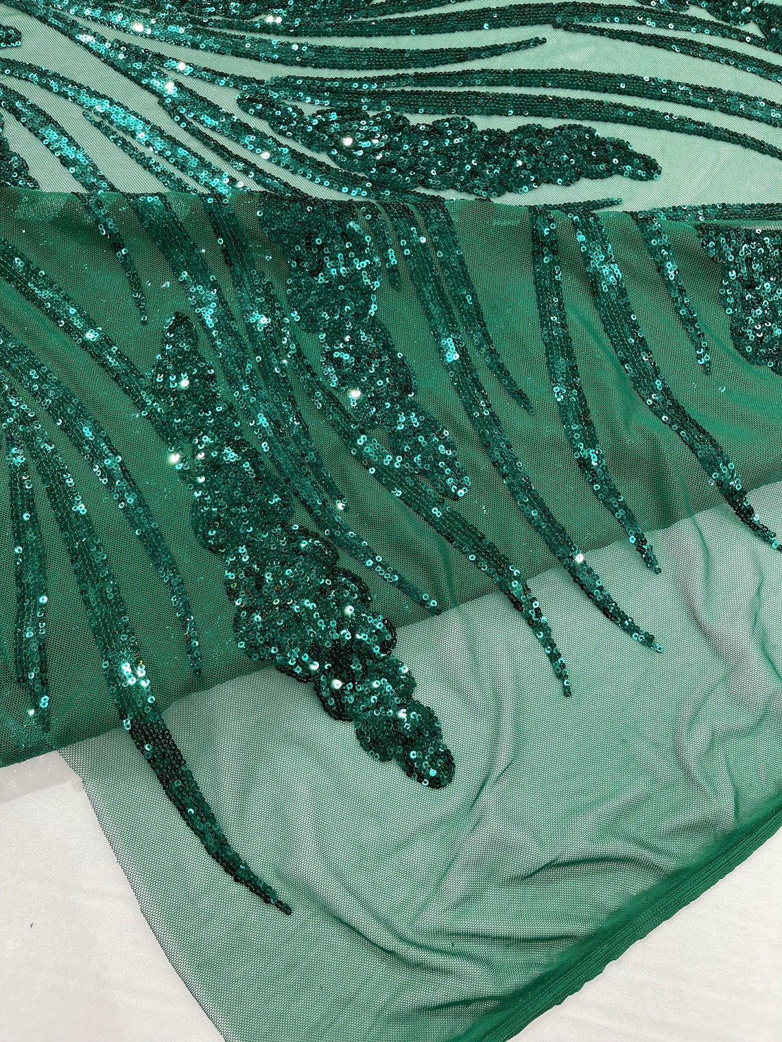 EMERALD GREEN - Fashion Branch Design with Sequins Embroider on a 4 Way Stretch Mesh Fabric-Sold by The Yard.