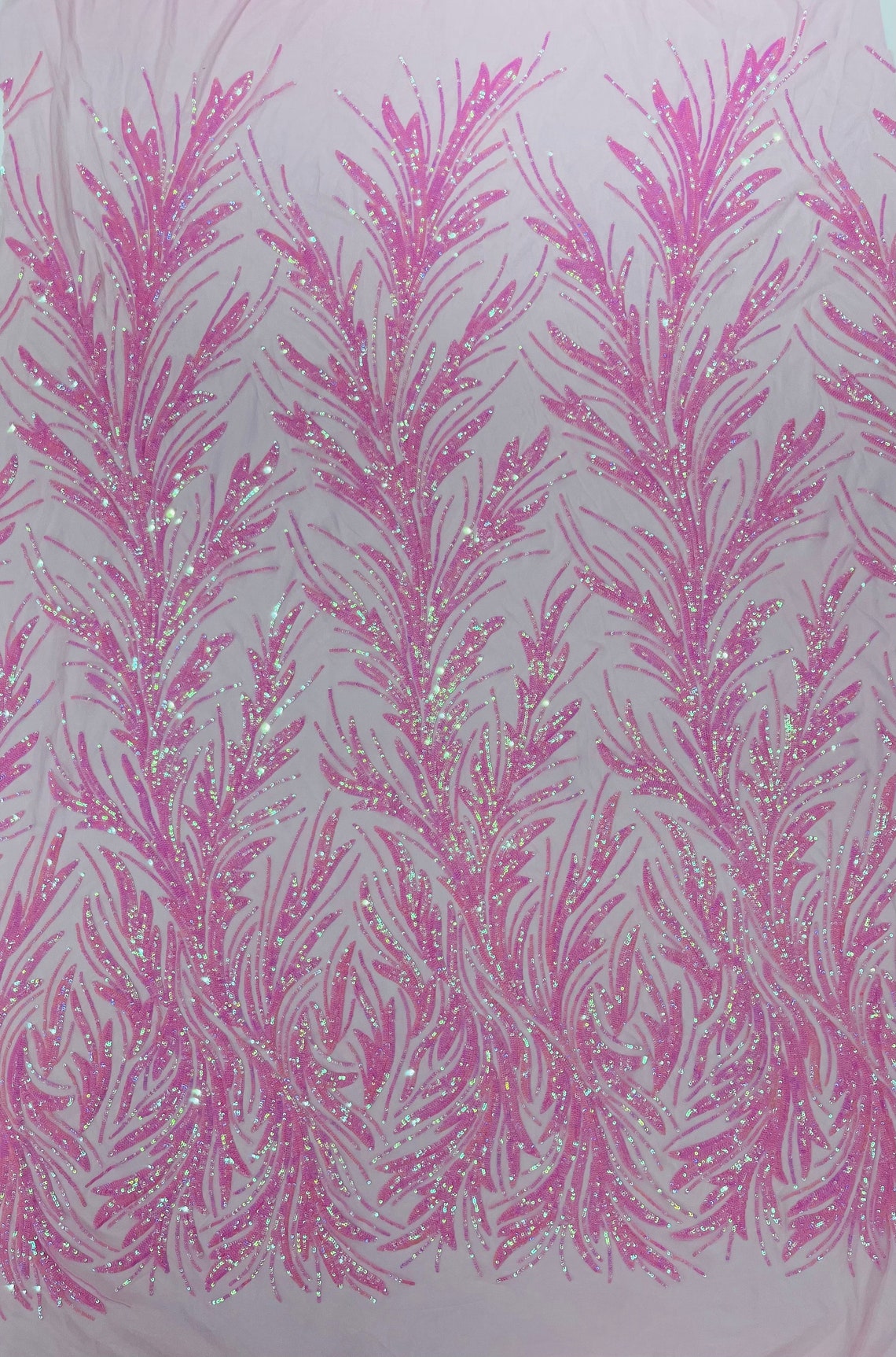 PINK IRIDESCENT - Fashion Branch Design with Sequins Embroider on a 4 Way Stretch Mesh Fabric-Sold by The Yard.