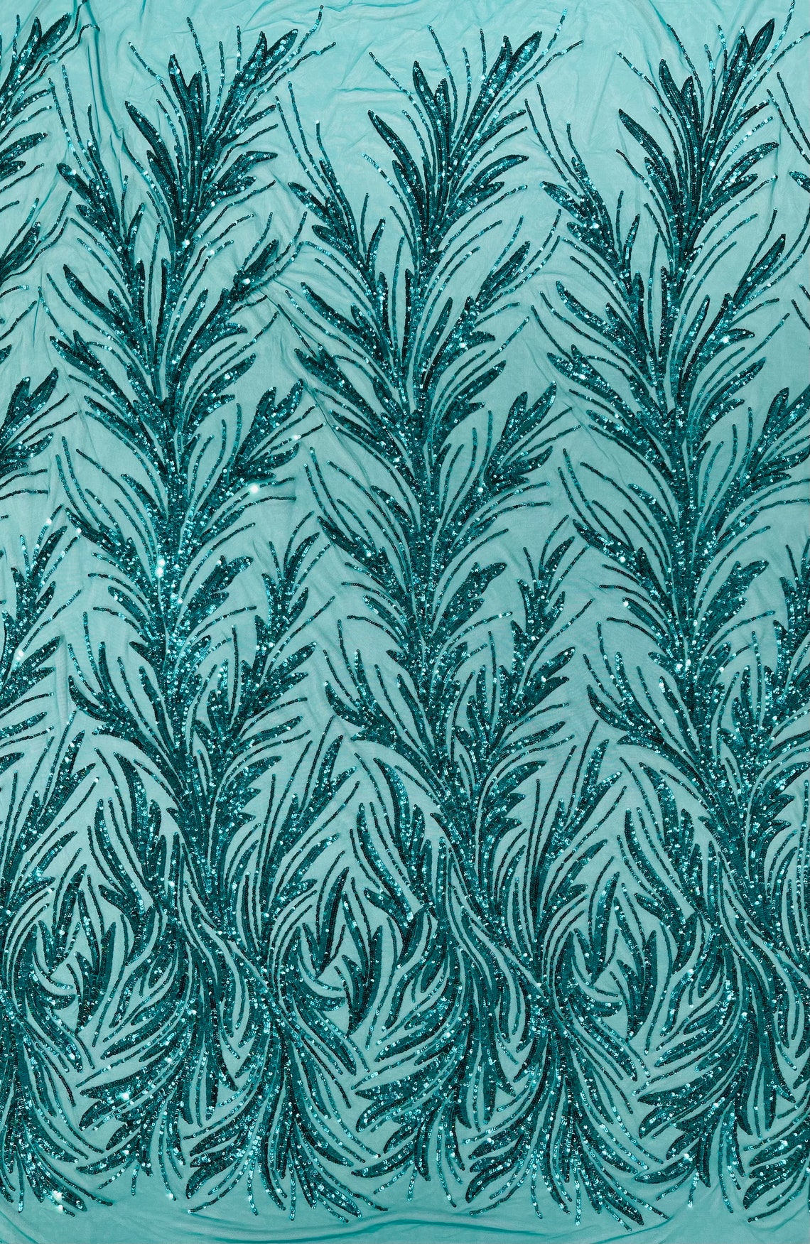 TEAL GREEN - Fashion Branch Design with Sequins Embroider on a 4 Way Stretch Mesh Fabric-Sold by The Yard.