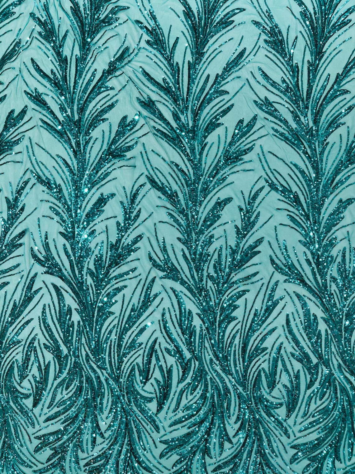 TEAL GREEN - Fashion Branch Design with Sequins Embroider on a 4 Way Stretch Mesh Fabric-Sold by The Yard.