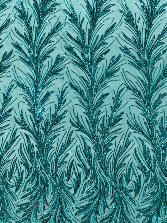 TEAL GREEN - Fashion Branch Design with Sequins Embroider on a 4 Way Stretch Mesh Fabric-Sold by The Yard.