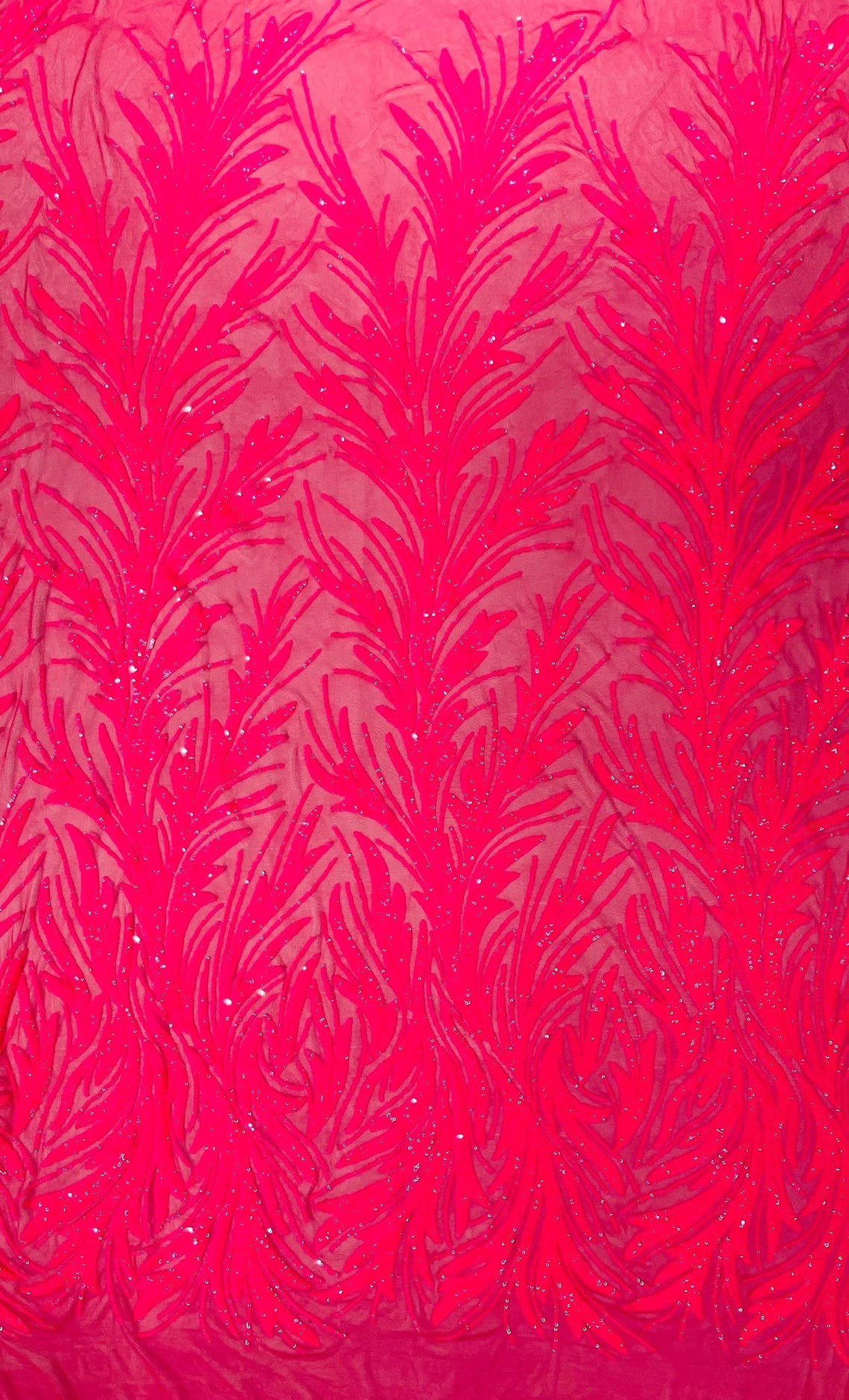 HOT PINK - Fashion Branch Design with Sequins Embroider on a 4 Way Stretch Mesh Fabric-Sold by The Yard.