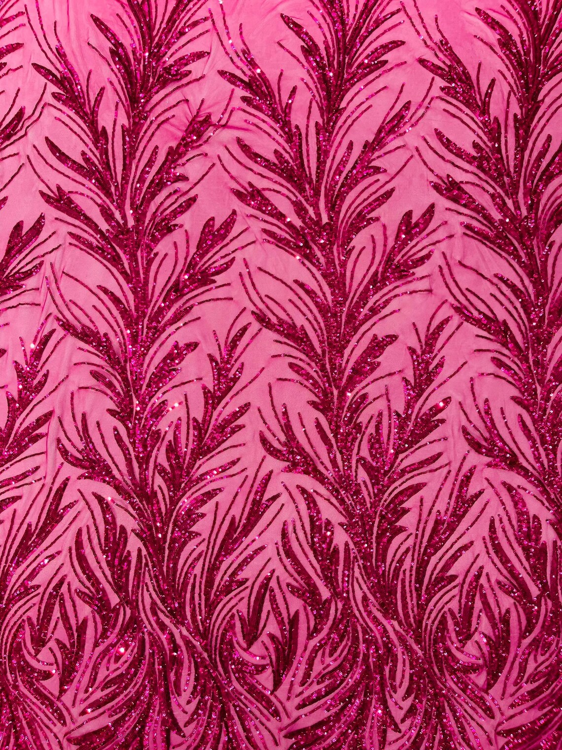 FUCHSIA - Fashion Branch Design with Sequins Embroider on a 4 Way Stretch Mesh Fabric-Sold by The Yard.