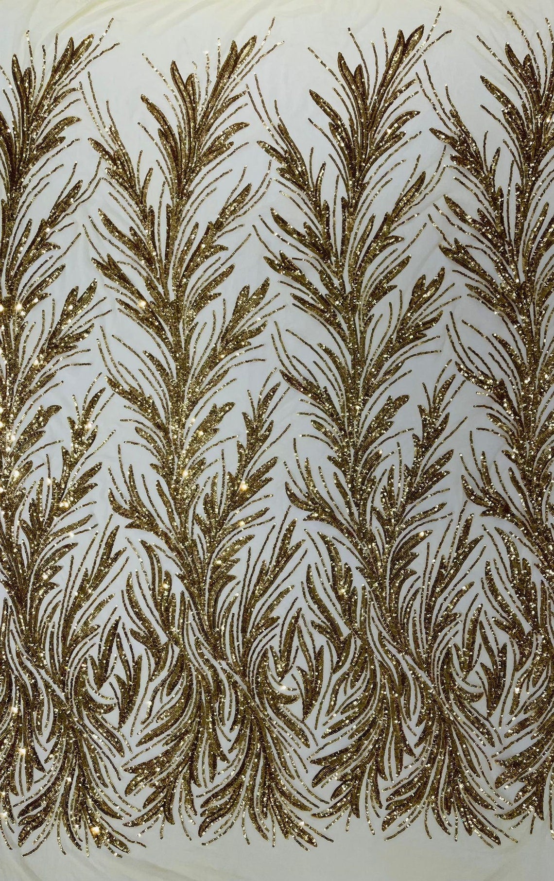 GOLD - Fashion Branch Design with Sequins Embroider on a 4 Way Stretch Mesh Fabric-Sold by The Yard.