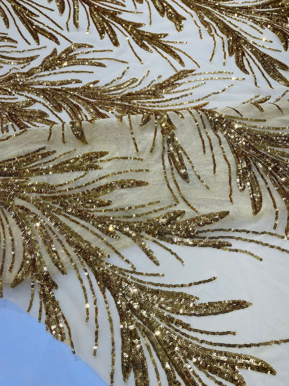 GOLD - Fashion Branch Design with Sequins Embroider on a 4 Way Stretch Mesh Fabric-Sold by The Yard.