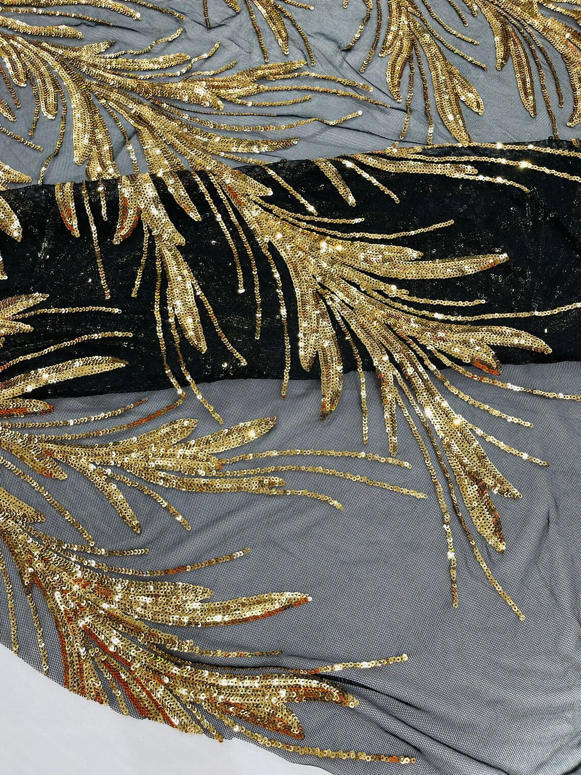 GOLD/BLACK - Fashion Branch Design with Sequins Embroider on a 4 Way Stretch Mesh Fabric-Sold by The Yard.