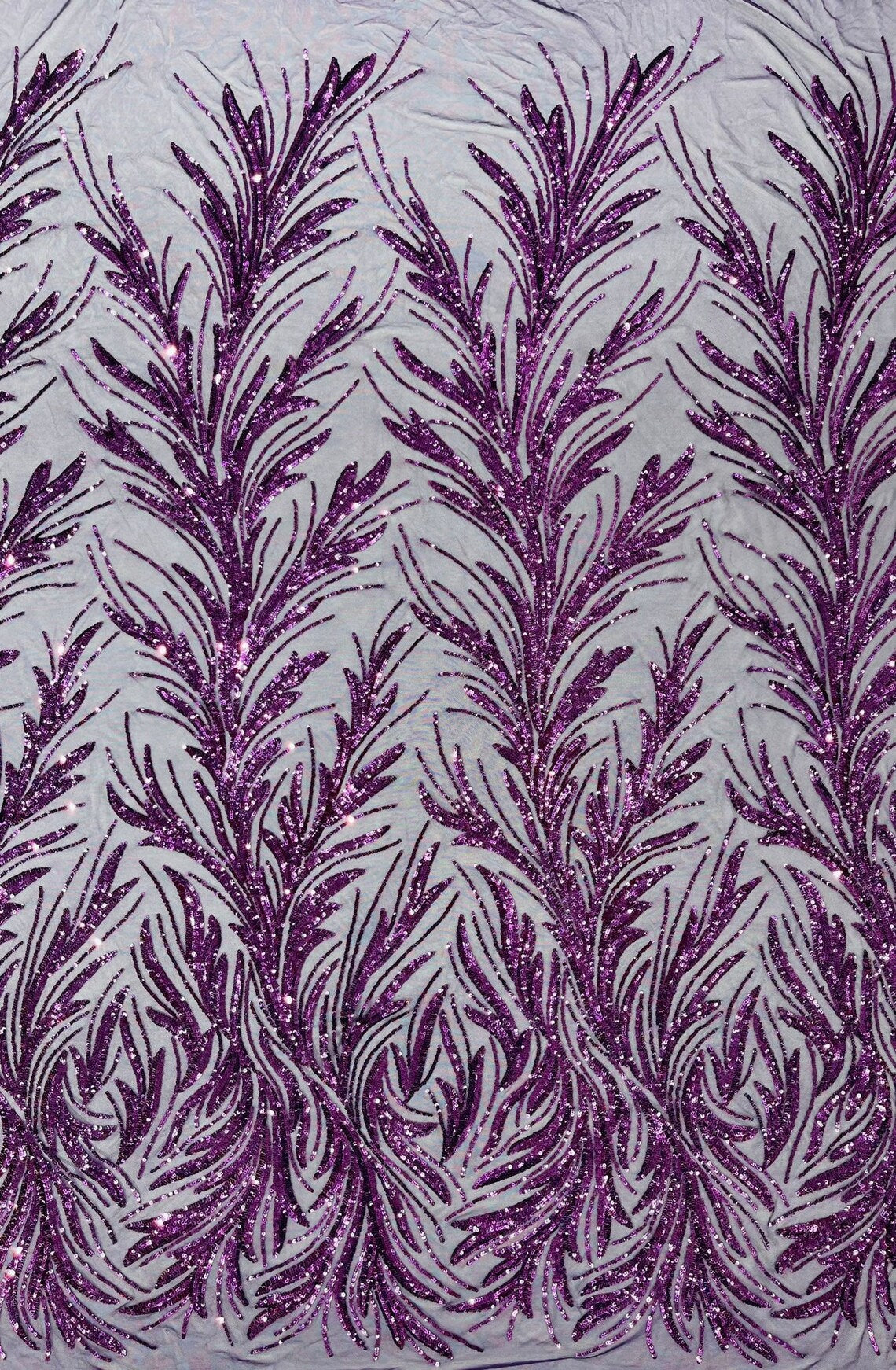 DK PURPLE - Fashion Branch Design with Sequins Embroider on a 4 Way Stretch Mesh Fabric-Sold by The Yard.