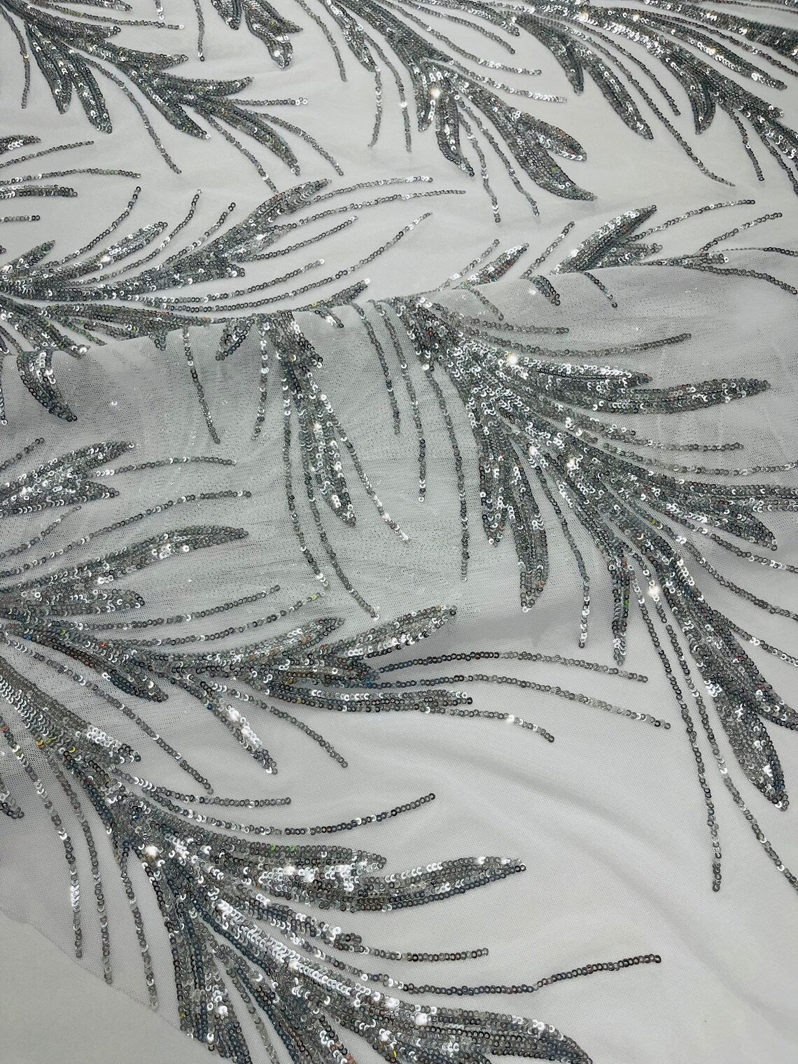 SILVER - Fashion Branch Design with Sequins Embroider on a 4 Way Stretch Mesh Fabric-Sold by The Yard.