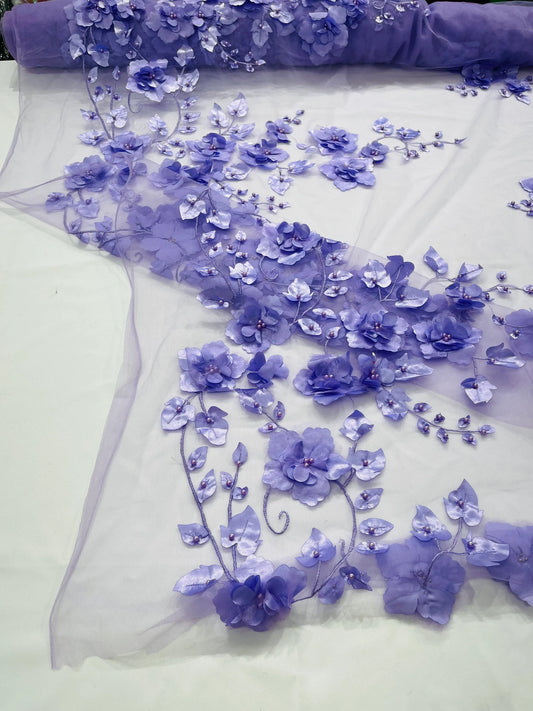 LILAC  - 3D Floral Design Embroider and Beaded With Rhinestones On a Mesh Lace. Sold By The Yard. - For Bridal Weddings Prom & Quinceanera