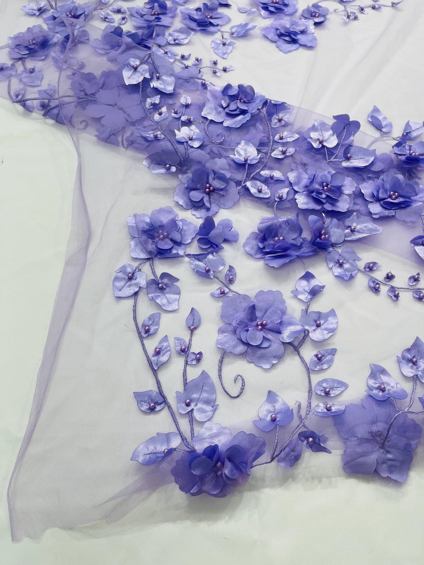 LILAC  - 3D Floral Design Embroider and Beaded With Rhinestones On a Mesh Lace. Sold By The Yard. - For Bridal Weddings Prom & Quinceanera