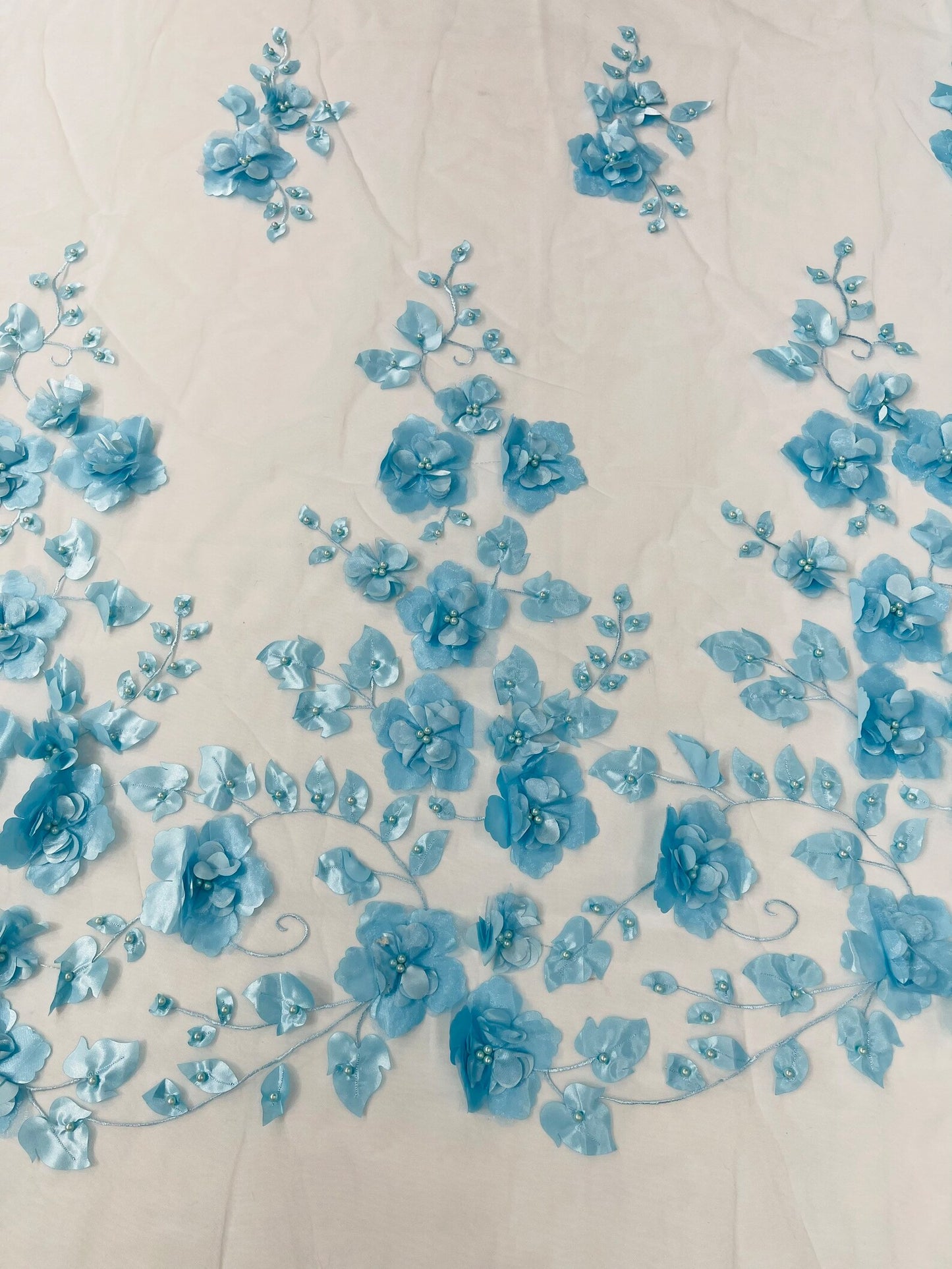 LT BLUE  - 3D Floral Design Embroider and Beaded With Rhinestones On a Mesh Lace. Sold By The Yard. - For Bridal Weddings Prom & Quinceanera