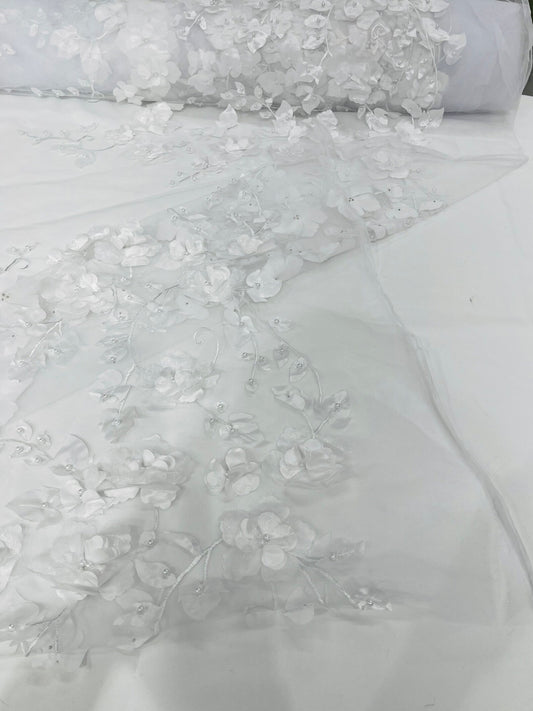 WHITE  - 3D Floral Design Embroider and Beaded With Rhinestones On a Mesh Lace. Sold By The Yard. - For Bridal Weddings Prom & Quinceanera