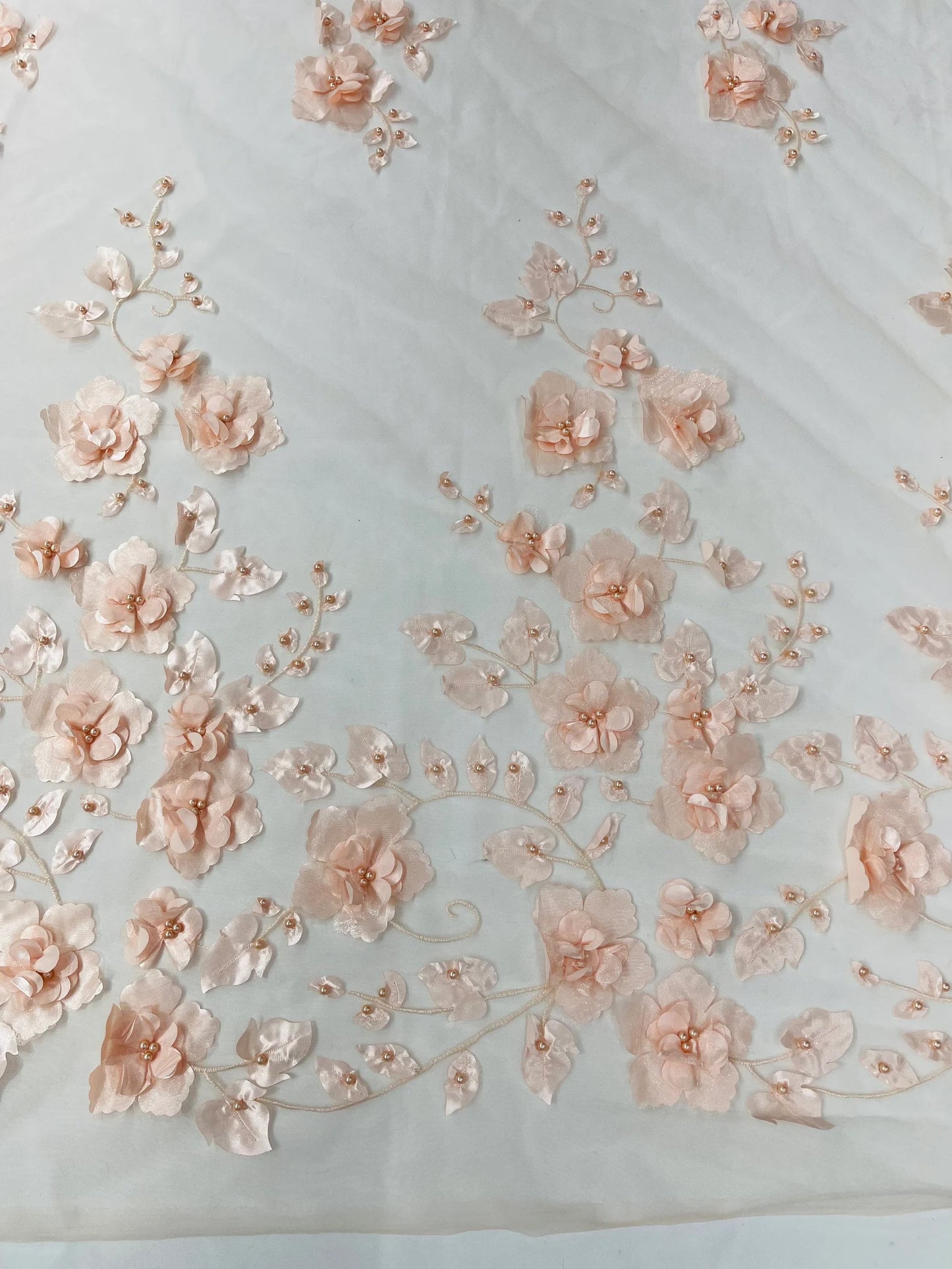 BLUSH PEACH  - 3D Floral Design Embroider and Beaded With Rhinestones On a Mesh Lace. Sold By The Yard. - For Bridal Weddings Prom & Quinceanera