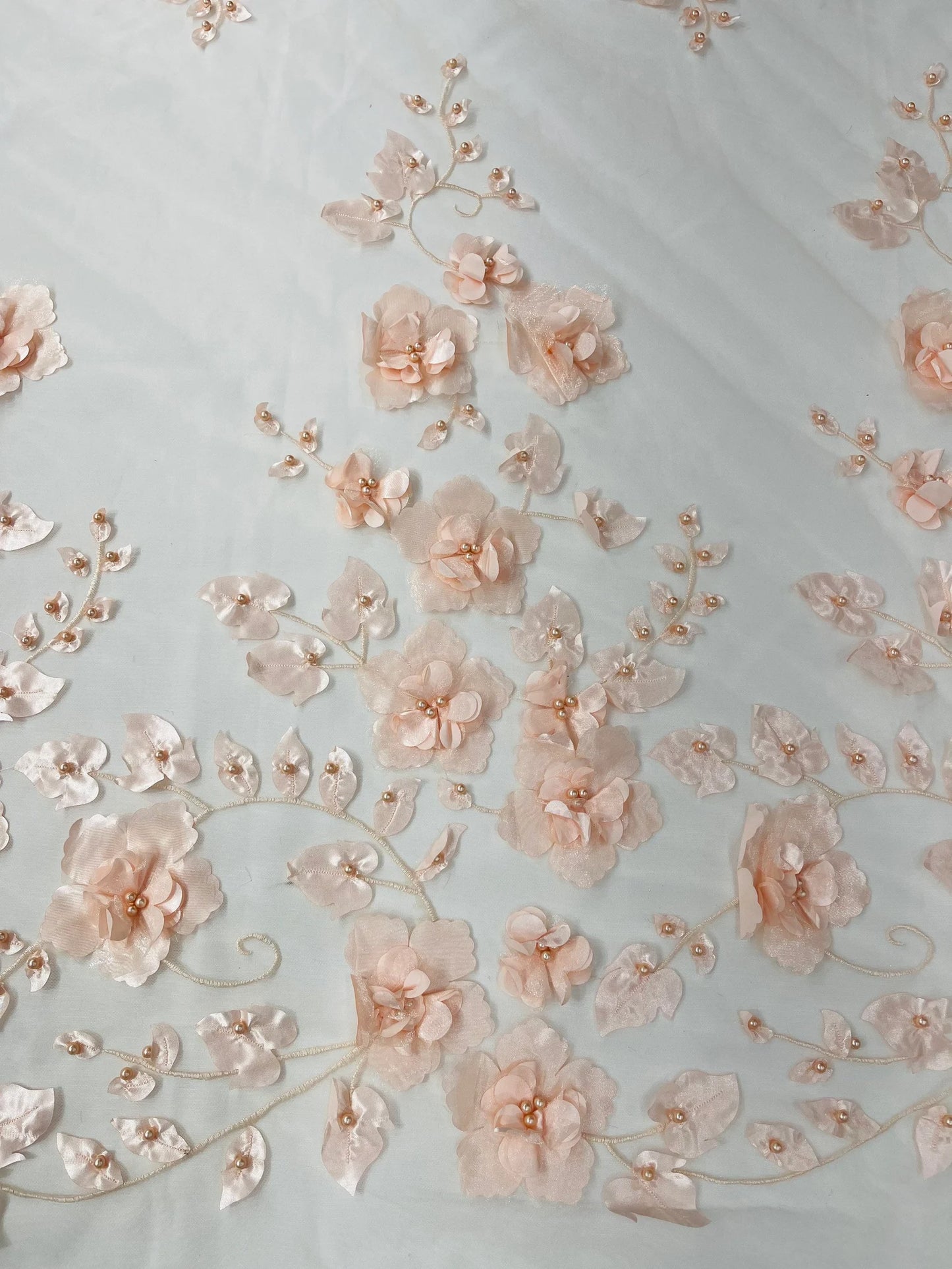 BLUSH PEACH  - 3D Floral Design Embroider and Beaded With Rhinestones On a Mesh Lace. Sold By The Yard. - For Bridal Weddings Prom & Quinceanera