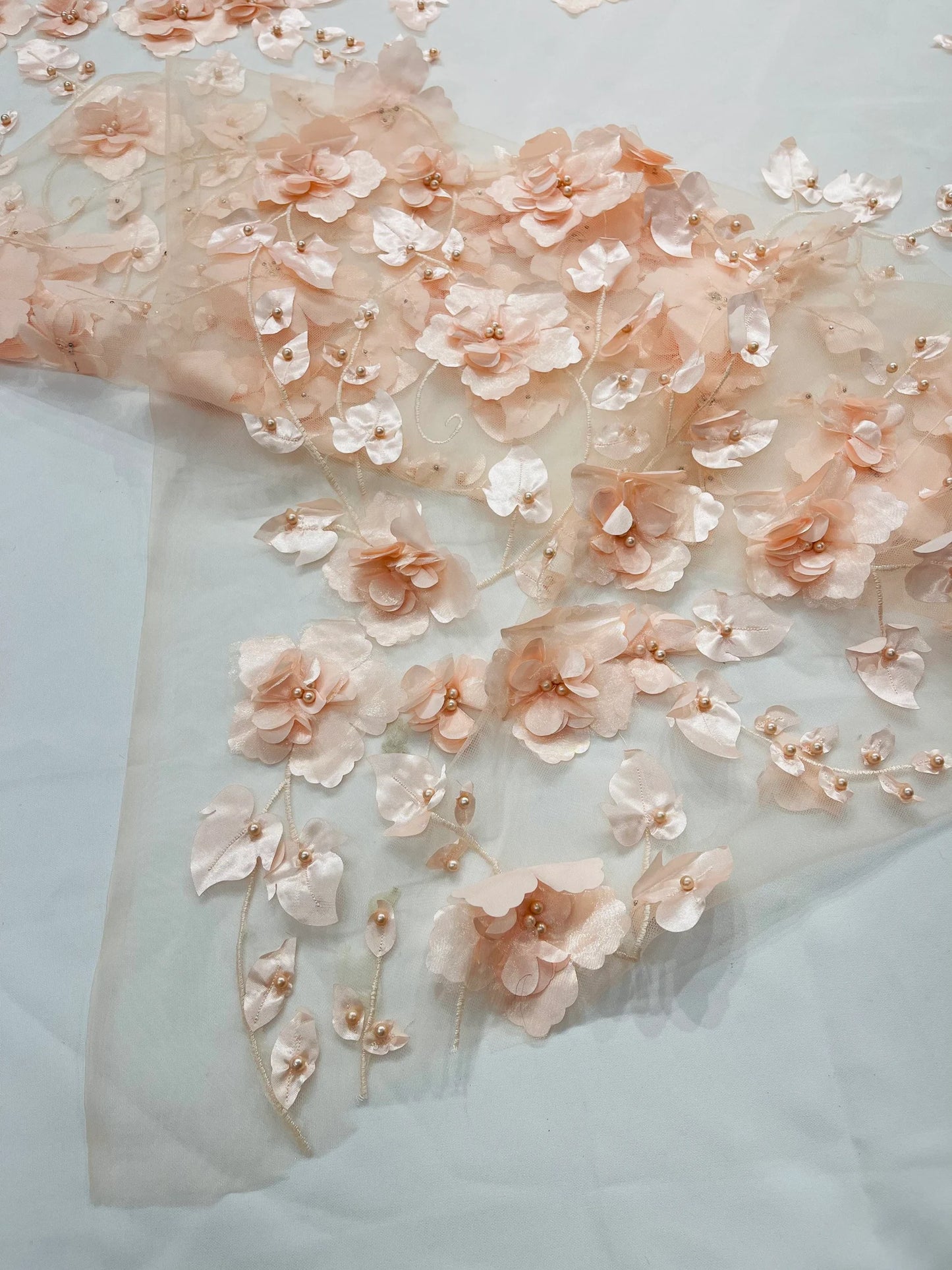 BLUSH PEACH  - 3D Floral Design Embroider and Beaded With Rhinestones On a Mesh Lace. Sold By The Yard. - For Bridal Weddings Prom & Quinceanera