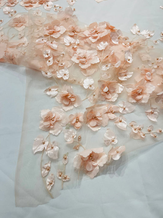 BLUSH PEACH  - 3D Floral Design Embroider and Beaded With Rhinestones On a Mesh Lace. Sold By The Yard. - For Bridal Weddings Prom & Quinceanera