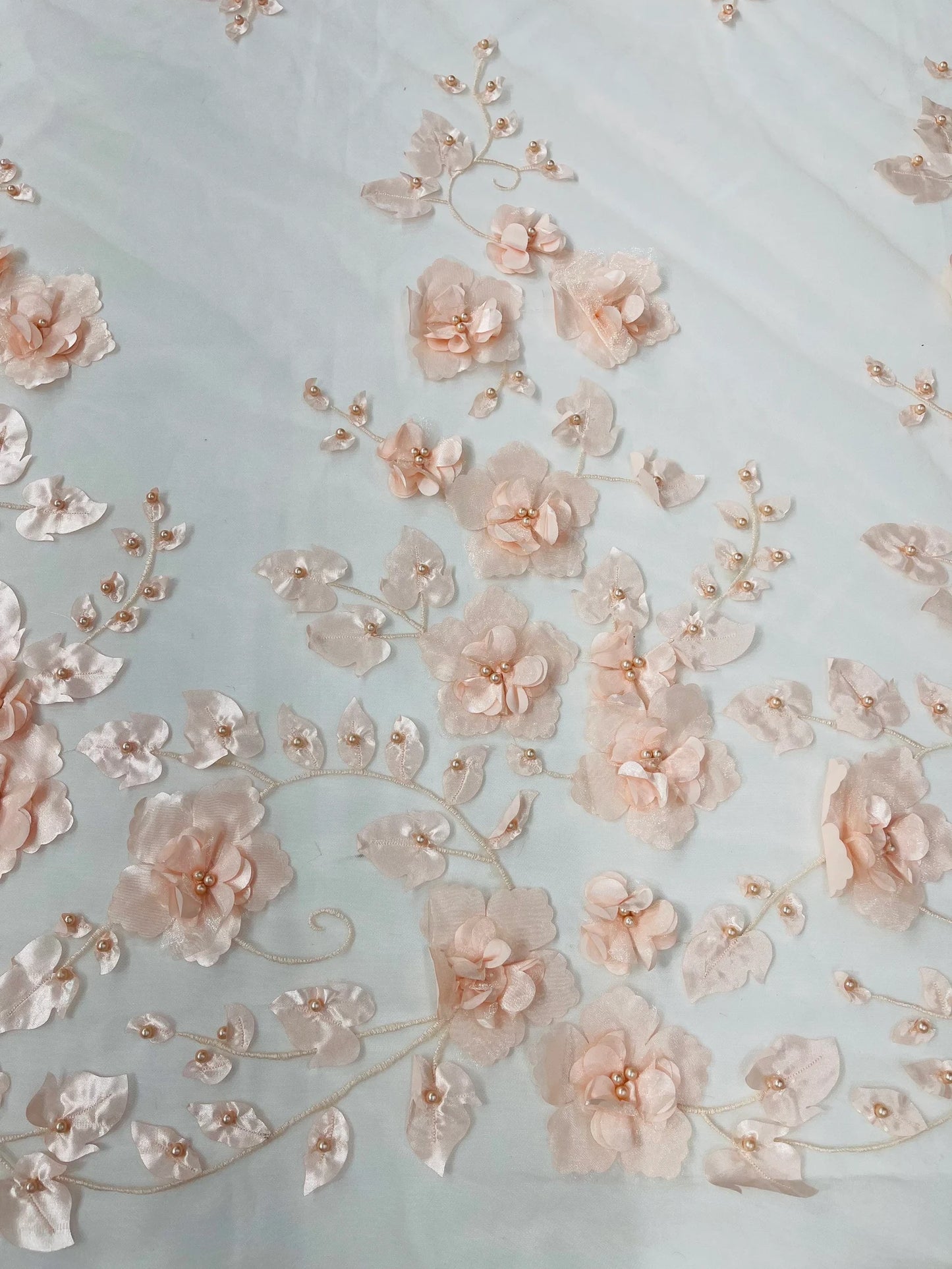 BLUSH PEACH  - 3D Floral Design Embroider and Beaded With Rhinestones On a Mesh Lace. Sold By The Yard. - For Bridal Weddings Prom & Quinceanera