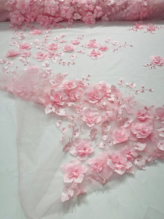 PINK  - 3D Floral Design Embroider and Beaded With Rhinestones On a Mesh Lace. Sold By The Yard. - For Bridal Weddings Prom & Quinceanera