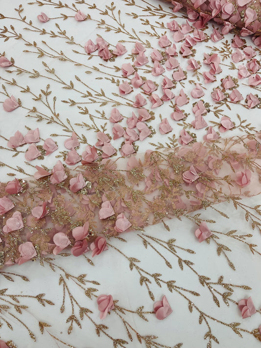 BLUSH PINK - 3D Floral Design Embroider and Beaded With Rhinestones On a Mesh Lace. Sold By The Yard. - For Bridal Weddings Prom & Quinceanera