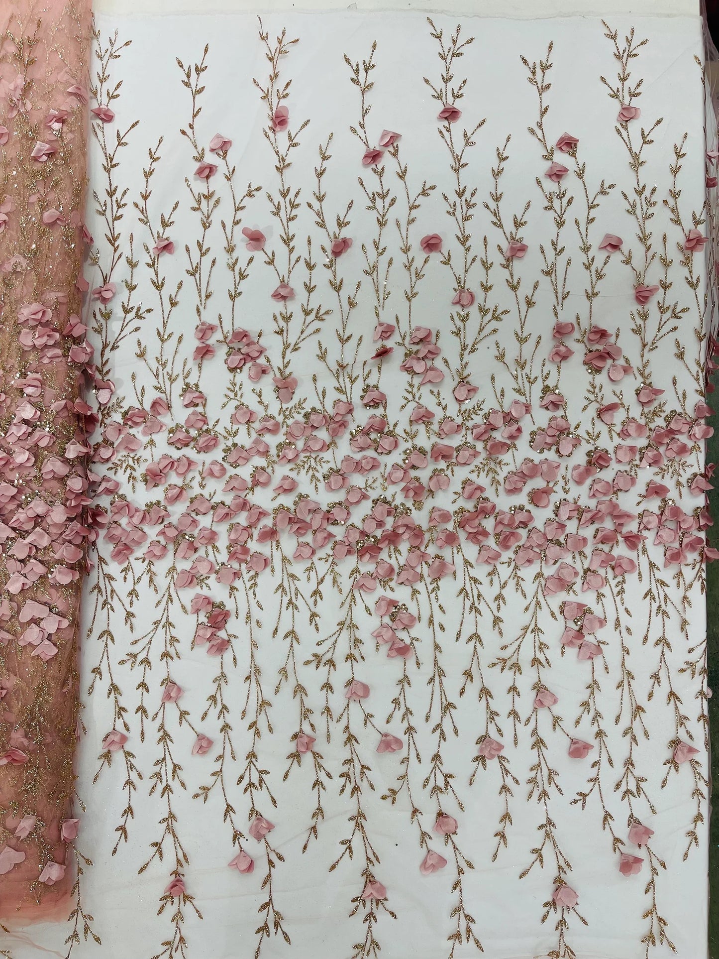 BLUSH PINK - 3D Floral Design Embroider and Beaded With Rhinestones On a Mesh Lace. Sold By The Yard. - For Bridal Weddings Prom & Quinceanera