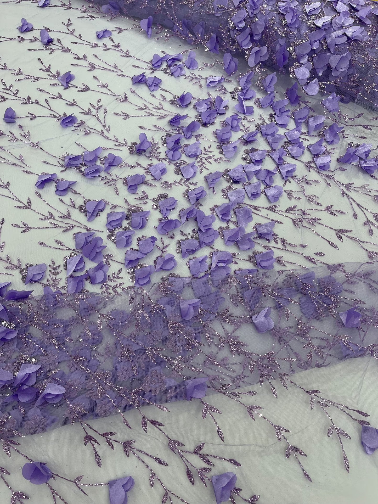 LAVENDER  - 3D Floral Design Embroider and Beaded With Rhinestones On a Mesh Lace. Sold By The Yard. - For Bridal Weddings Prom & Quinceanera