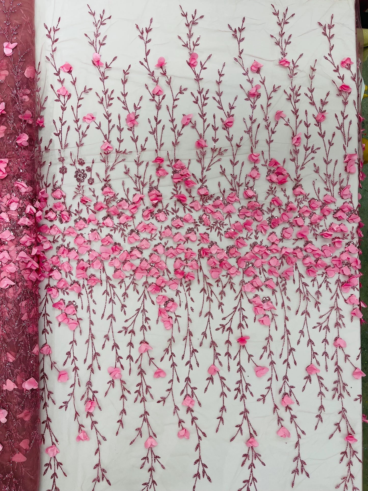 DUSTY PINK - 3D Floral Design Embroider and Beaded With Rhinestones On a Mesh Lace. Sold By The Yard. - For Bridal Weddings Prom & Quinceanera