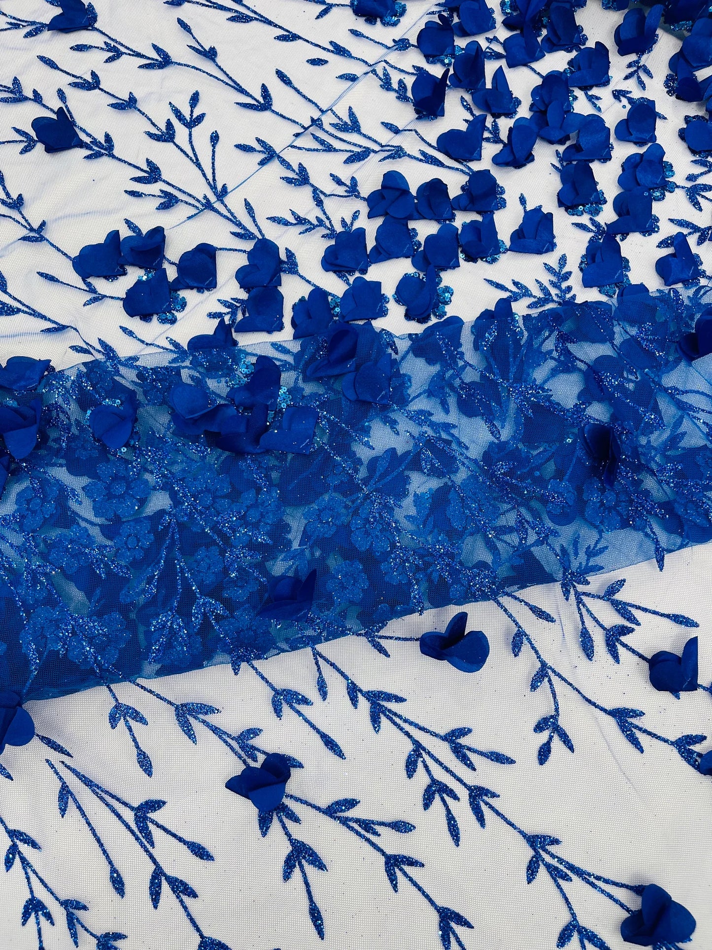 ROYAL BLUE - 3D Floral Design Embroider and Beaded With Rhinestones On a Mesh Lace. Sold By The Yard. - For Bridal Weddings Prom & Quinceanera