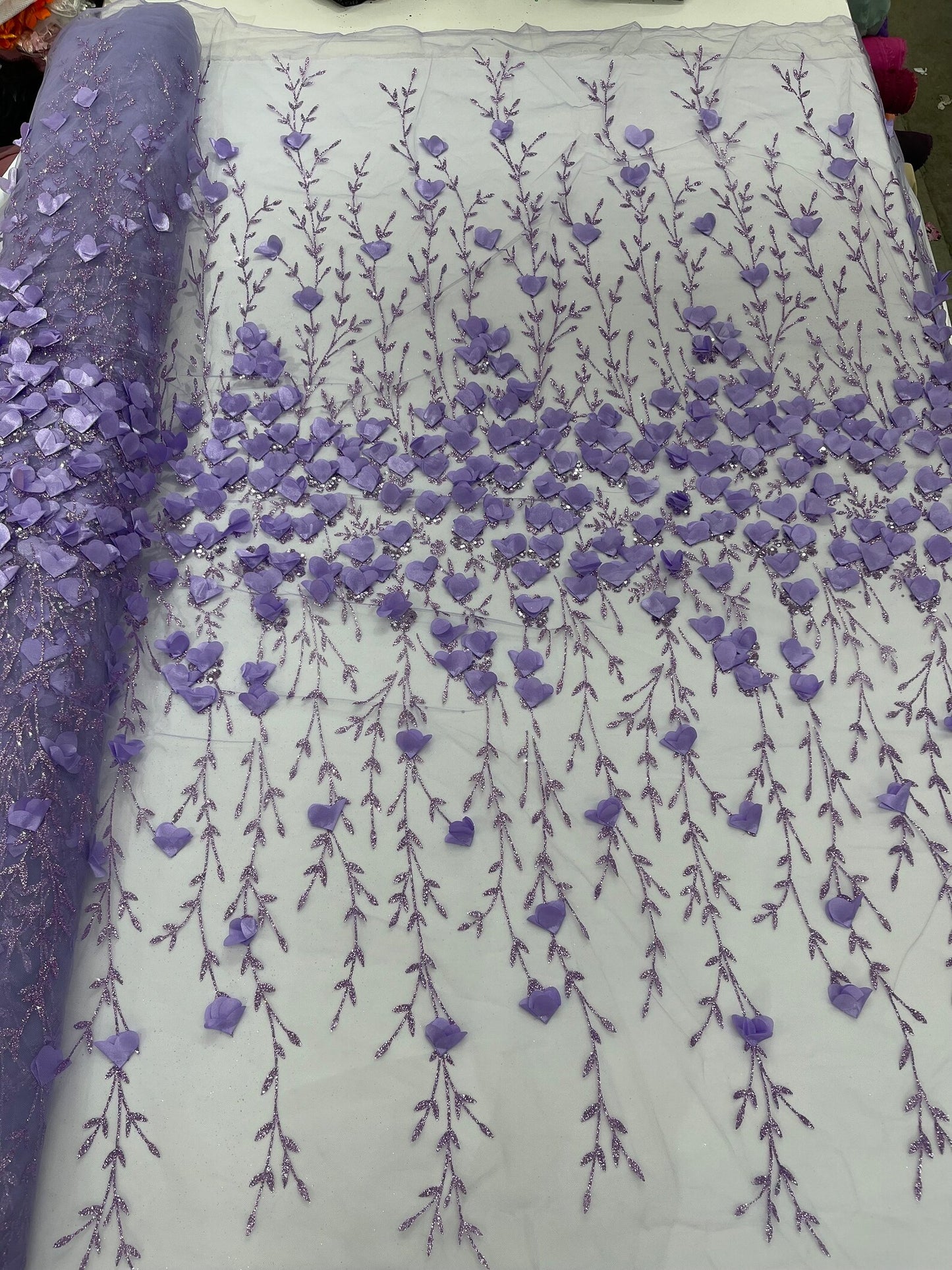 LAVENDER  - 3D Floral Design Embroider and Beaded With Rhinestones On a Mesh Lace. Sold By The Yard. - For Bridal Weddings Prom & Quinceanera