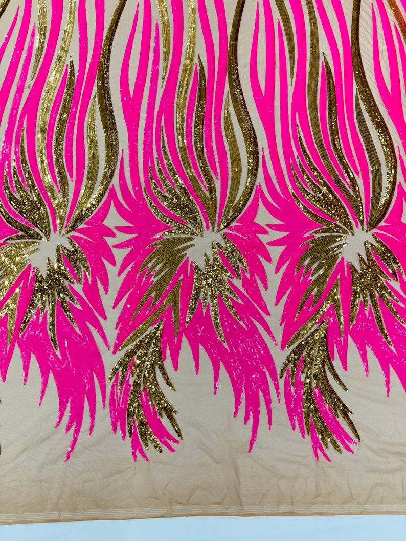 PEACOCK FEATHERS - Peacock Feathers - HOTPINKGOLD - Fashion Design with Sequins Embroider on a 4 Way Stretch Mesh Fabric-Sold by The Yard.