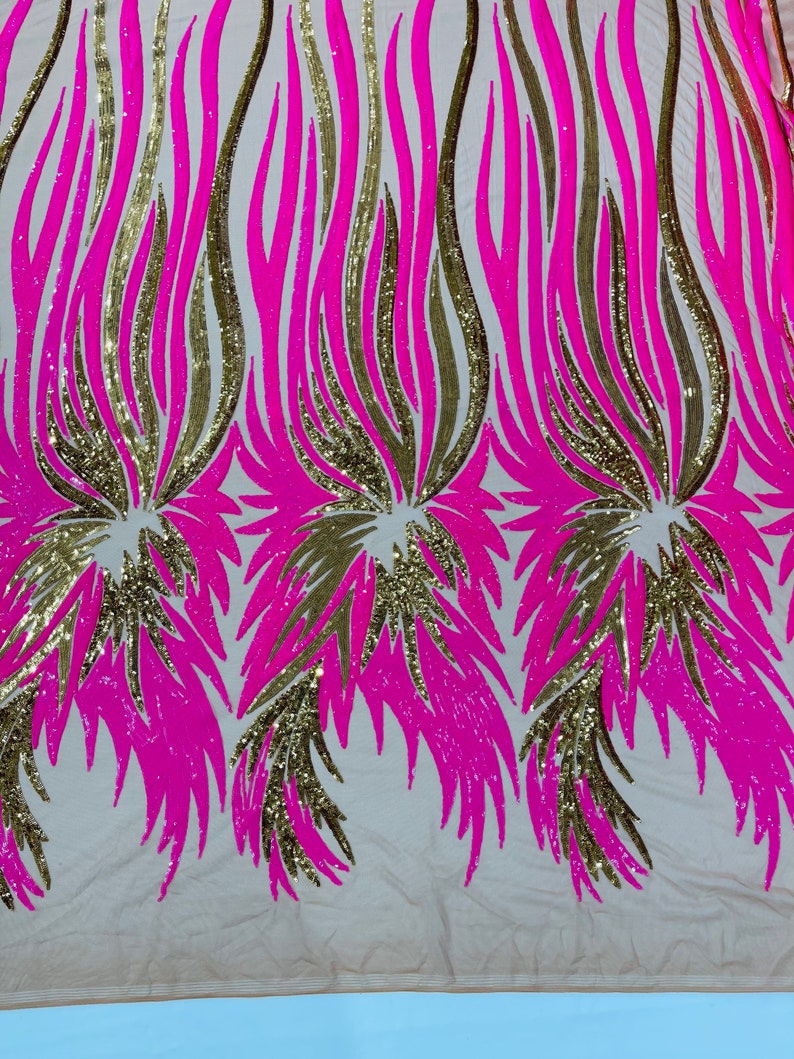 PEACOCK FEATHERS - Peacock Feathers - HOTPINKGOLD - Fashion Design with Sequins Embroider on a 4 Way Stretch Mesh Fabric-Sold by The Yard.