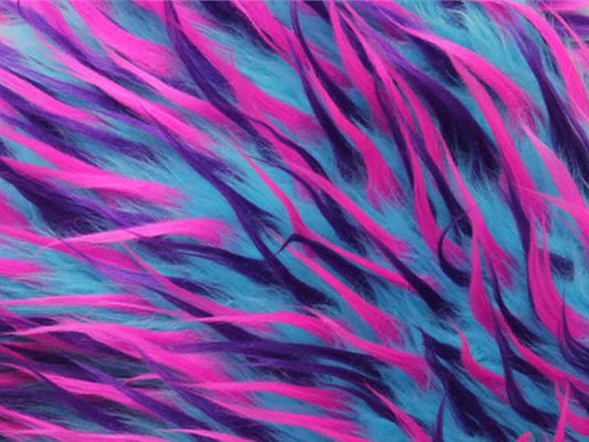 NEON PINK - PURPLE- On Aqua 3 Tone Spiked Shaggy Long Pile Fabric / Sold by The Yard - For Blankets Fashion Clothing Coats