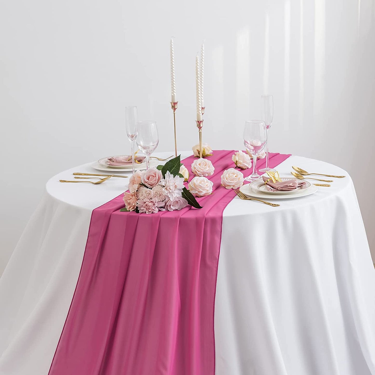 FUCHSIA - Chiffon Table Runner, 2 Pcs Wedding Table Runner, Sheer Decor for Romantic Bridal Shower, Baby Shower, Birthday Party Cake Table