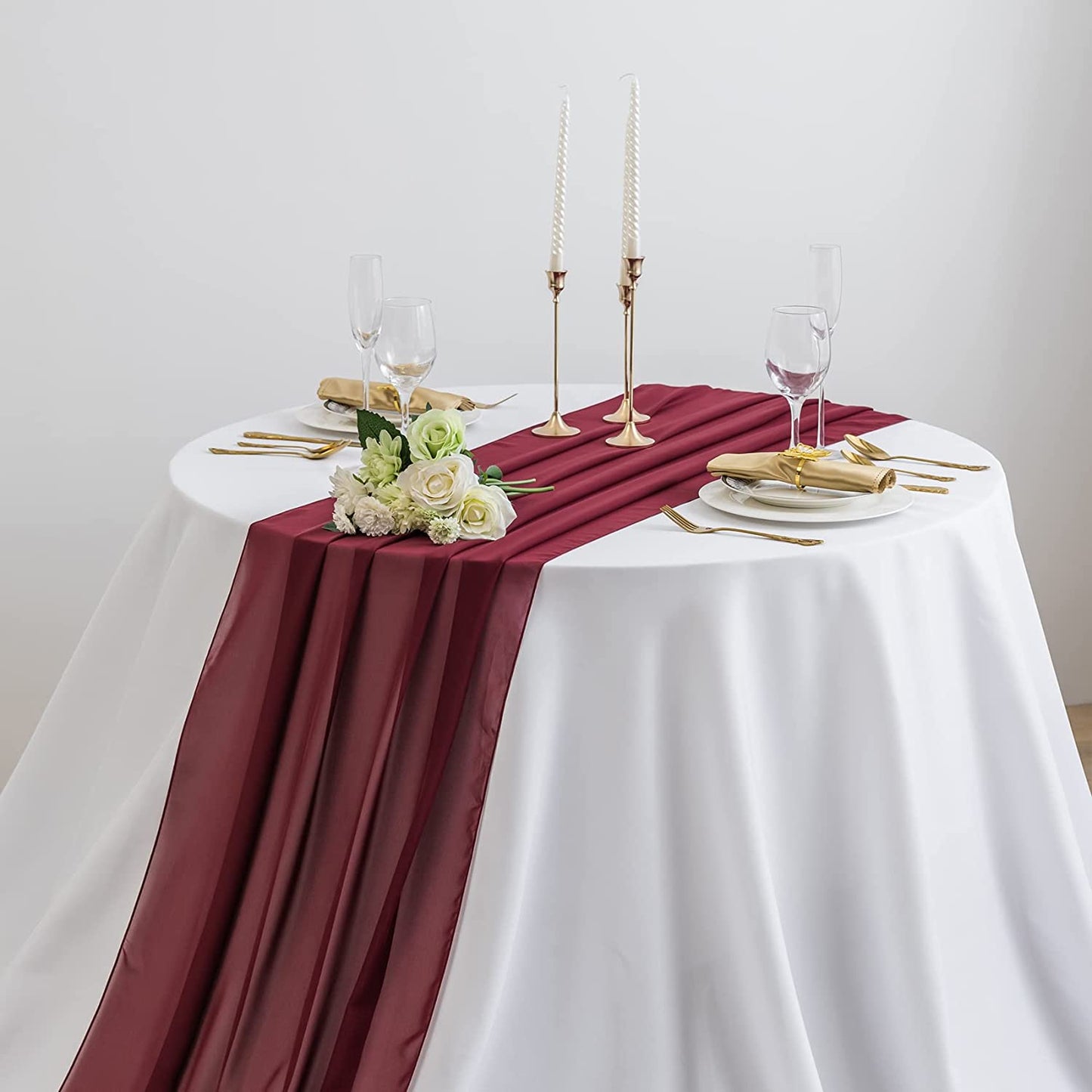 BURGUNDY - Chiffon Table Runner, 2 Pcs -Wedding Table Runner, Sheer Decor for Romantic Bridal Shower, Baby Shower, Birthday Party Cake Table