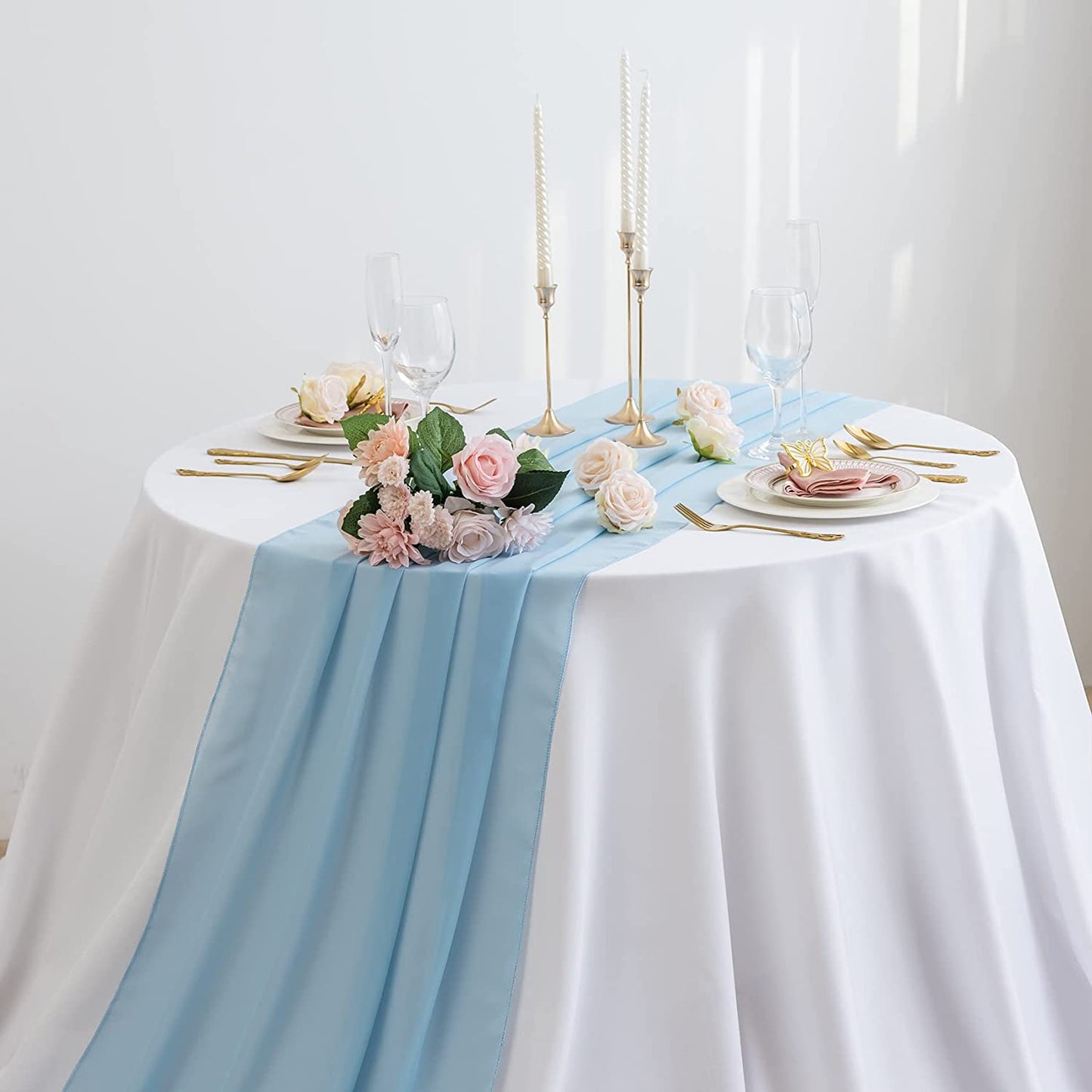 LT BLUE - Chiffon Table Runner, 2 Pcs - Wedding Table Runner, Sheer Decor for Romantic Bridal Shower, Baby Shower, Birthday Party Cake Table