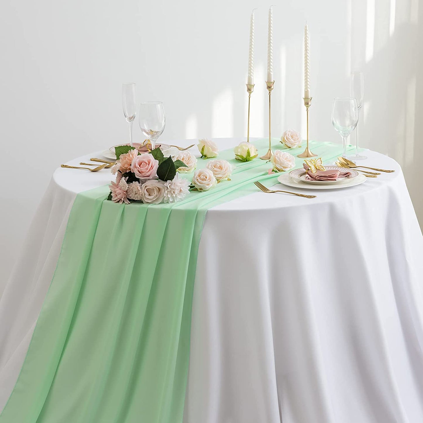 MINT - Chiffon Table Runner, 2 Pcs Wedding Table Runner, Sheer Decor for Romantic Bridal Shower, Baby Shower, Birthday Party Cake Table