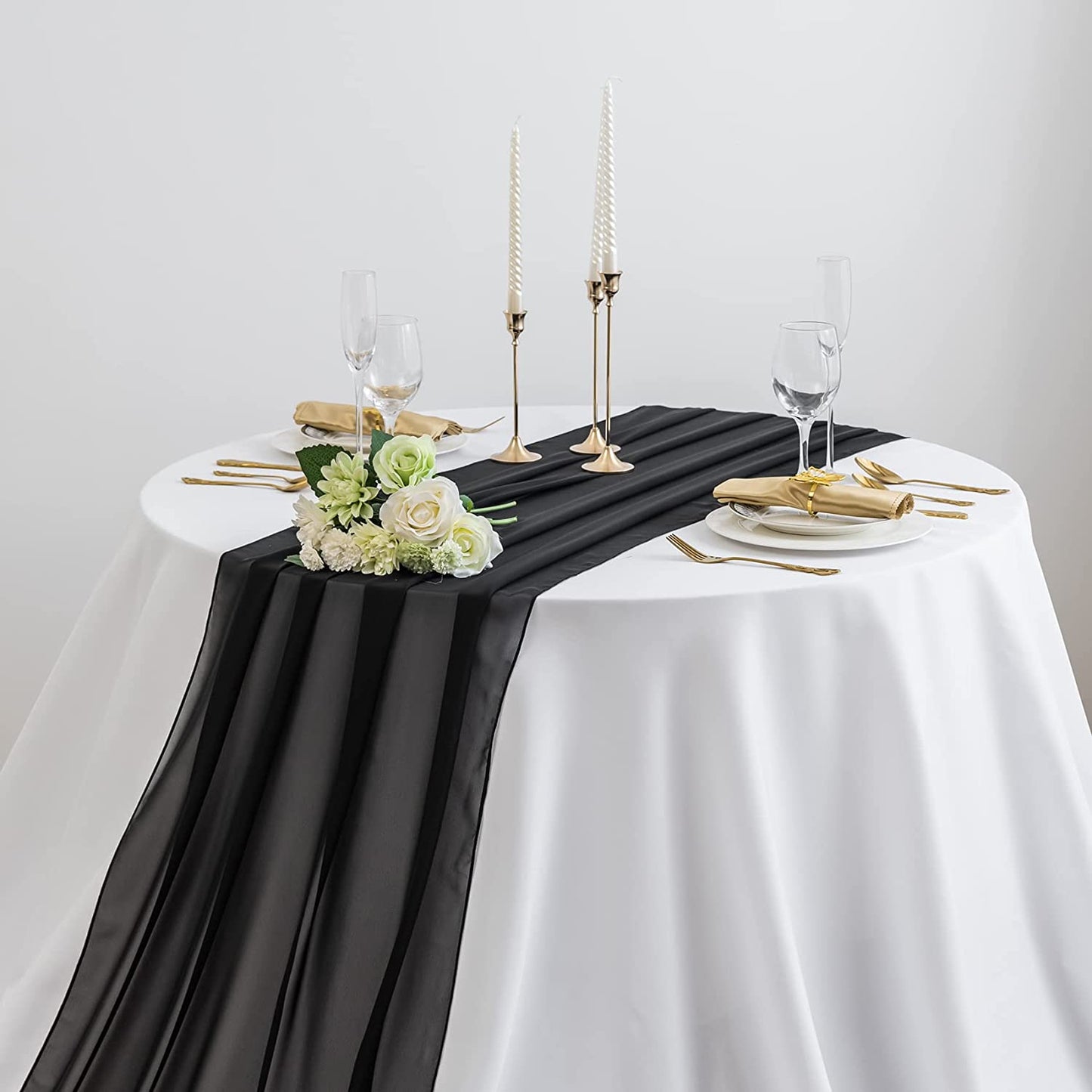 BLACK - Chiffon Table Runner, 2 Pcs - Wedding Table Runner, Sheer Decor for Romantic Bridal Shower, Baby Shower, Birthday Party Cake Table