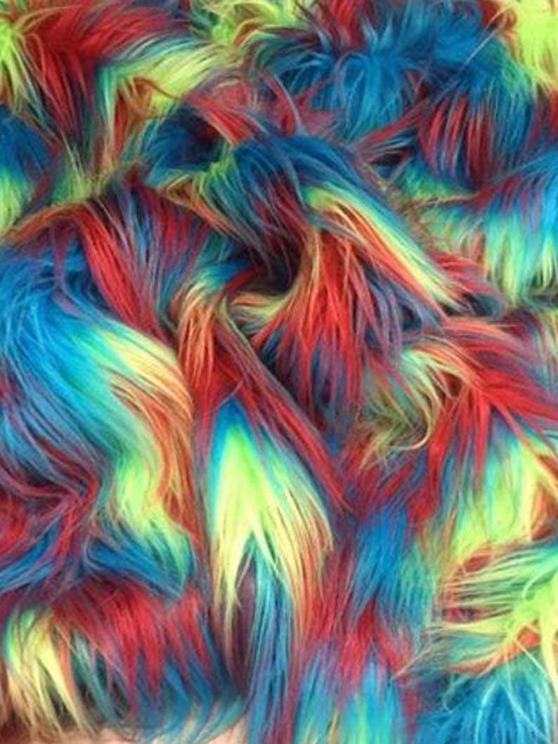 RAINBOW - Faux Fake Fur 3 Tone Rainbow Long Pile Fabric - For Blankets Fashion Clothing Coats - Scarfs Rugs Crafts Decor - By Yard