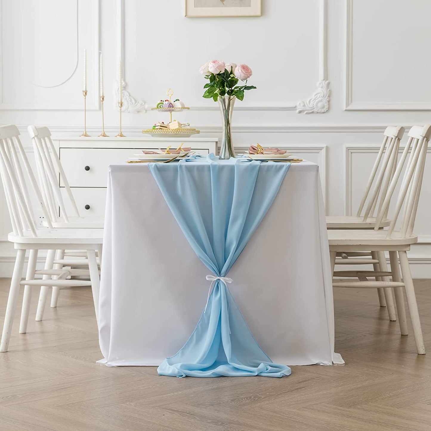 LT BLUE - Chiffon Table Runner, 2 Pcs - Wedding Table Runner, Sheer Decor for Romantic Bridal Shower, Baby Shower, Birthday Party Cake Table