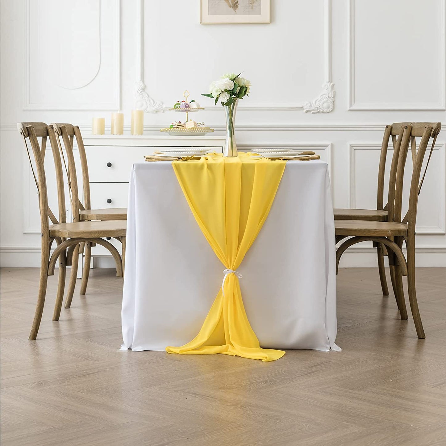 YELLOW - Chiffon Table Runner, 2 Pcs Wedding Table Runner, Sheer Decor for Romantic Bridal Shower, Baby Shower, Birthday Party Cake Table