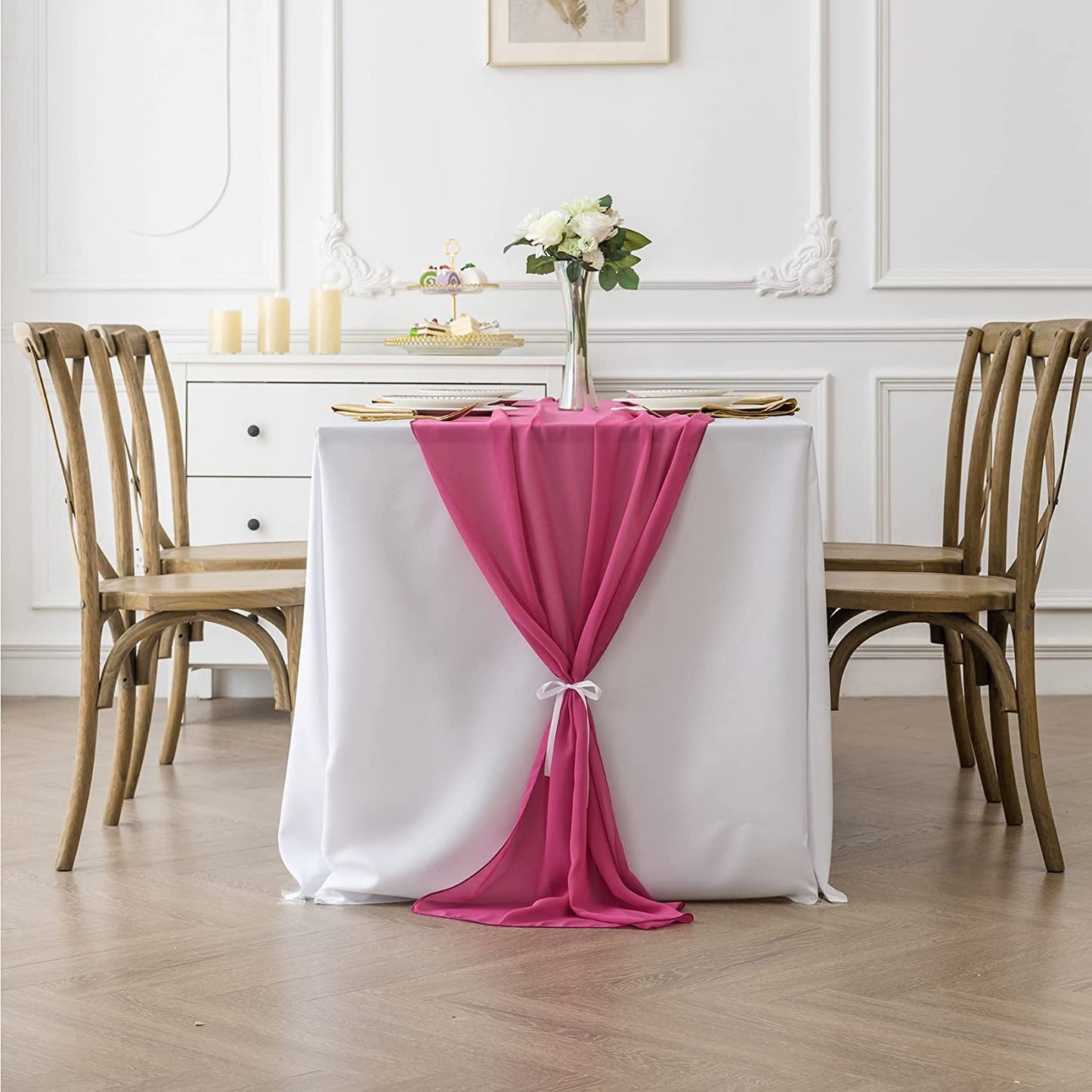 FUCHSIA - Chiffon Table Runner, 2 Pcs Wedding Table Runner, Sheer Decor for Romantic Bridal Shower, Baby Shower, Birthday Party Cake Table