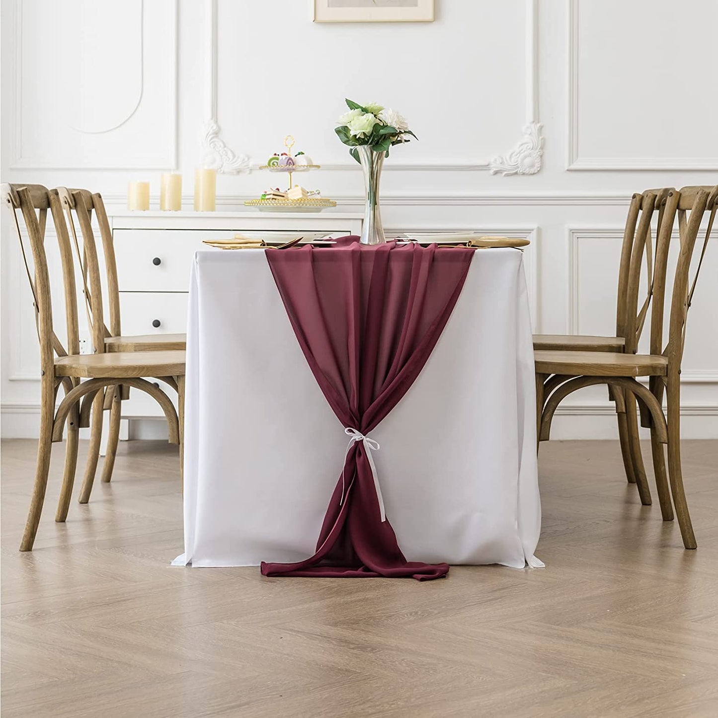 BURGUNDY - Chiffon Table Runner, 2 Pcs -Wedding Table Runner, Sheer Decor for Romantic Bridal Shower, Baby Shower, Birthday Party Cake Table