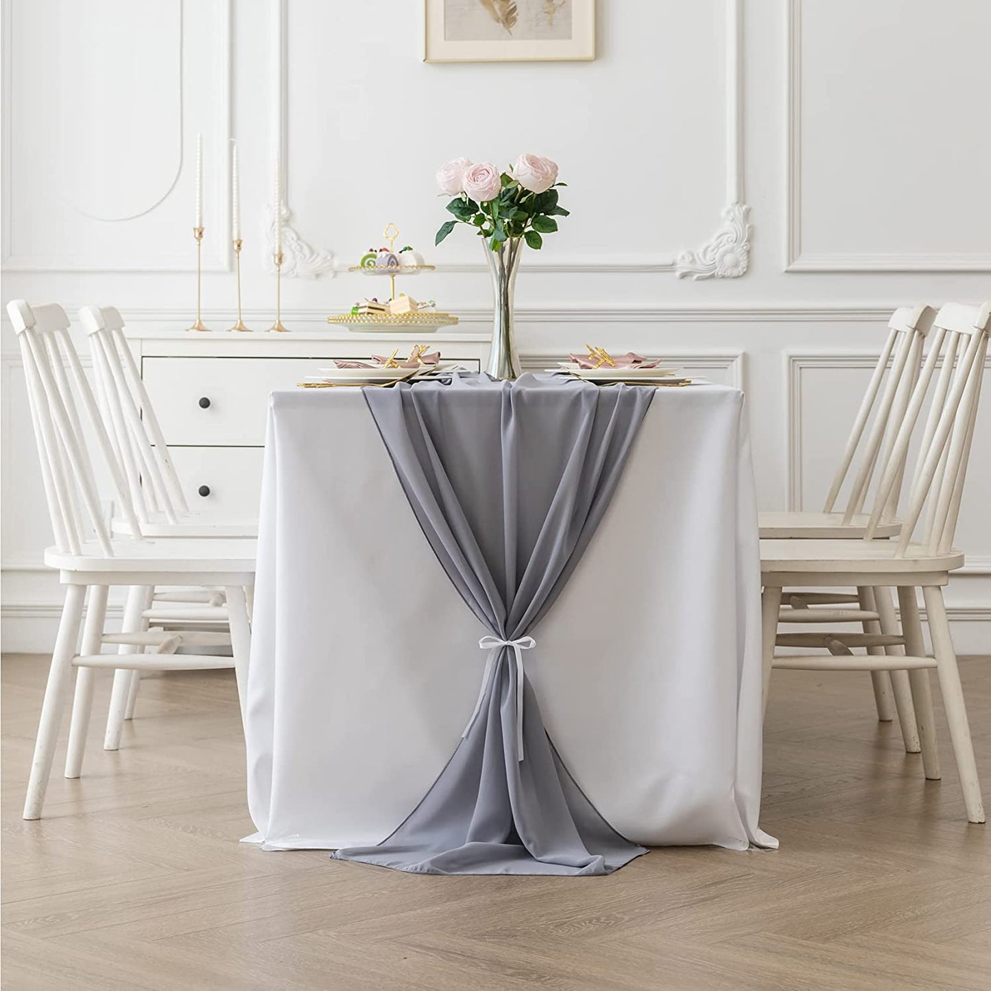 GRAY - Chiffon Table Runner, 2 Pcs Wedding Table Runner, Sheer Decor for Romantic Bridal Shower, Baby Shower, Birthday Party Cake Table