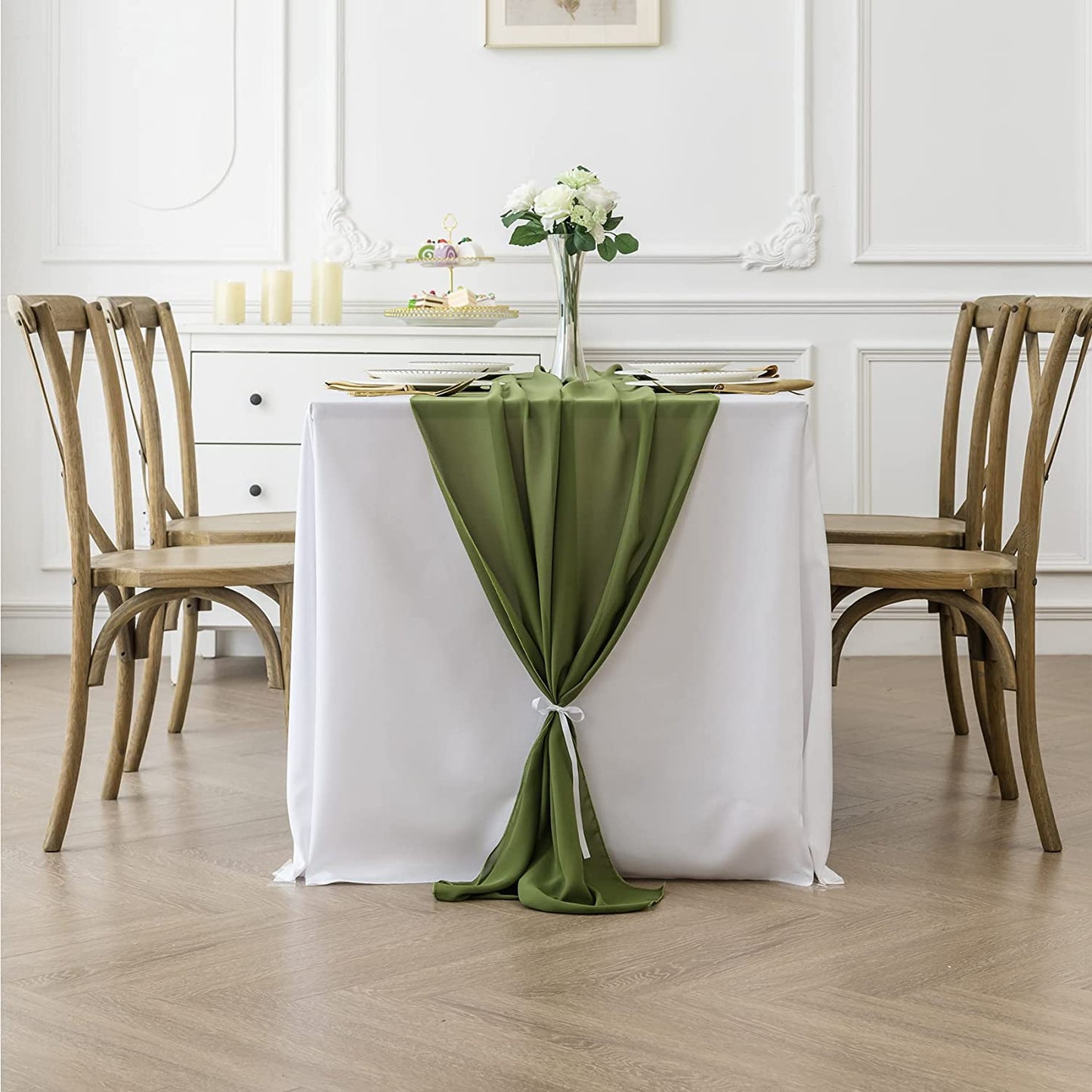 OLIVE - Chiffon Table Runner, 2 Pcs Wedding Table Runner, Sheer Decor for Romantic Bridal Shower, Baby Shower, Birthday Party Cake Table